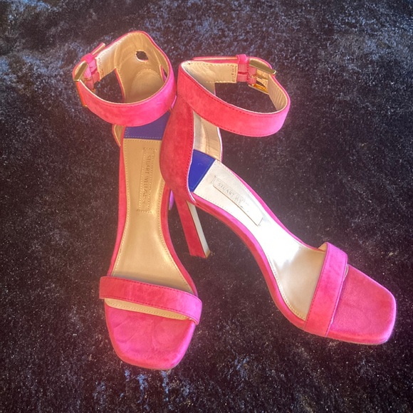 Stuart Weitzman Hot Pink Suede Ankle Strap 3” Heels - Picture 1 of 10